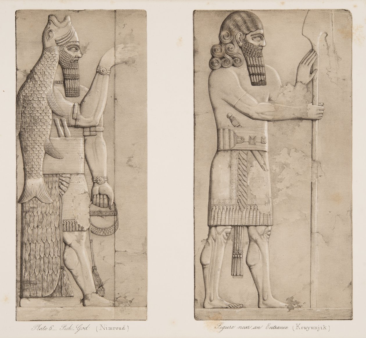 Fish God and Figure near an Entrance, from Monuments of Nineveh by Austen Henry Layard