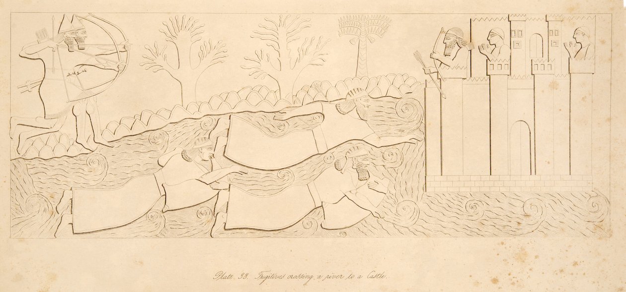 Fugitives crossing a river to a Castle, from Monuments of Nineveh by Austen Henry Layard