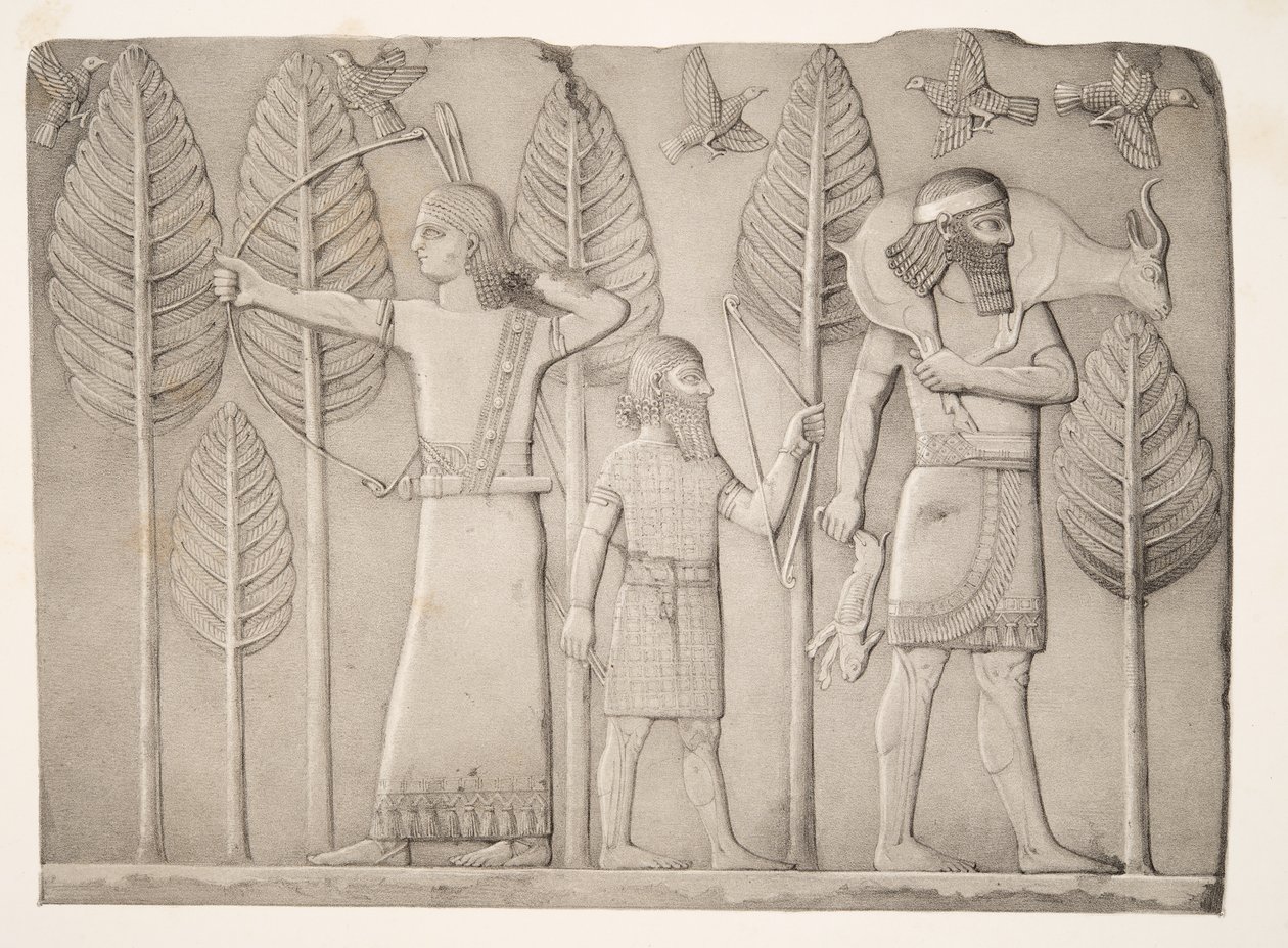 Huntsmen with Gazelle, hare & birds, from Monuments of Nineveh by Austen Henry Layard