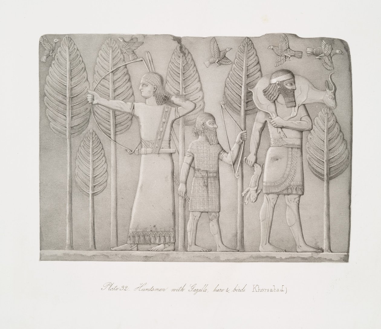 Huntsmen with gazelle, hare and birds (Khorsabad) by Austen Henry Layard