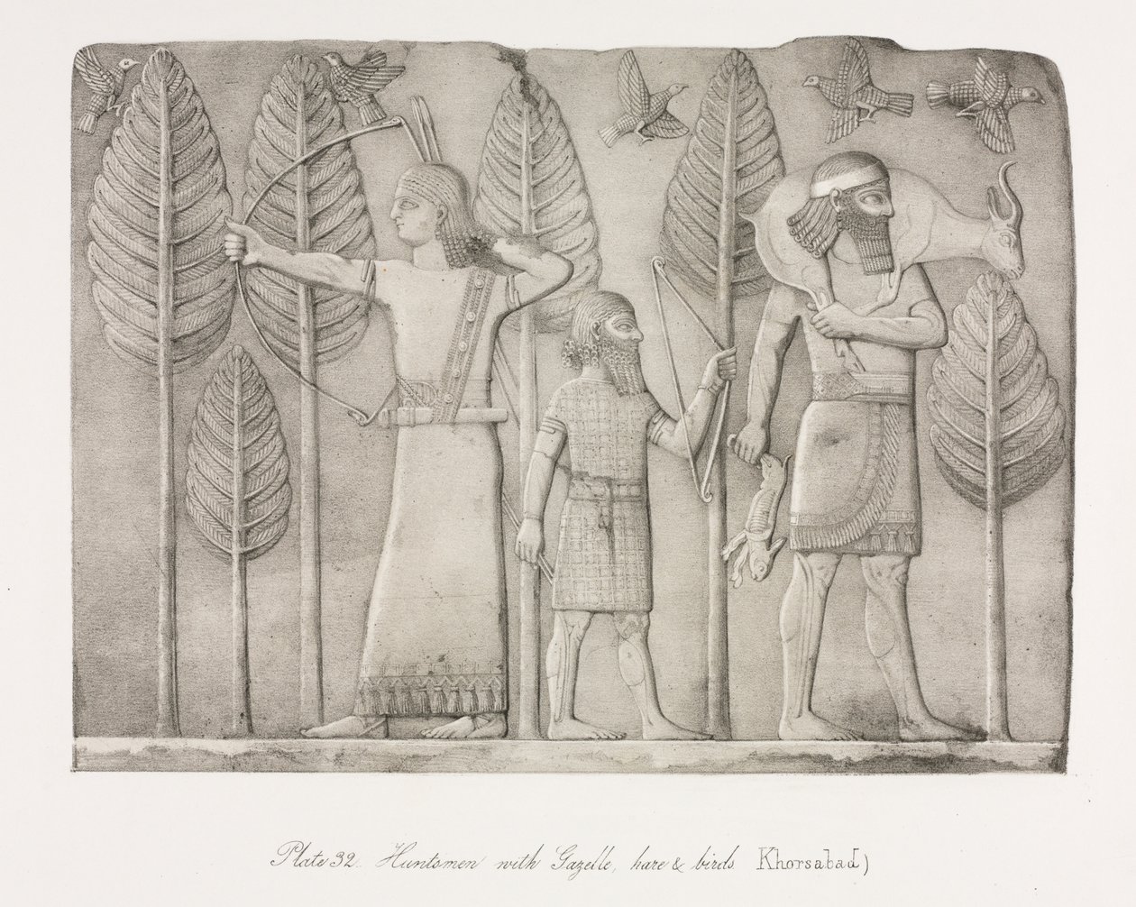 Monuments of Nineveh: Plate 32, Huntsmen with Gazelle, Hare and Birds (Khorsabad) by Austen Henry Layard