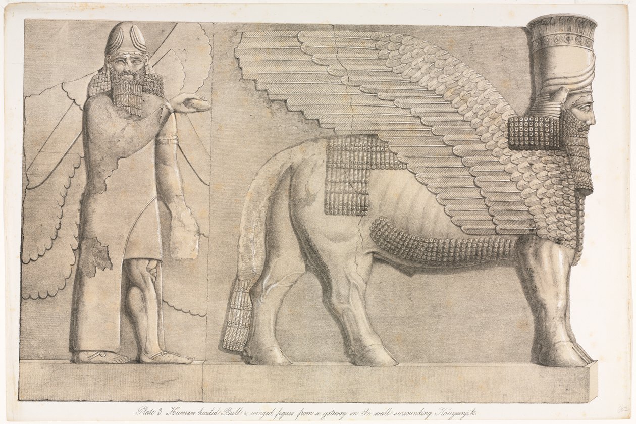 Monuments of Ninevah: Plate 3, Human-headed Bull and Winged Figure from a Gateway in the Wall Surrounding Kouyunjik (Quyunjik) by Austen Henry Layard