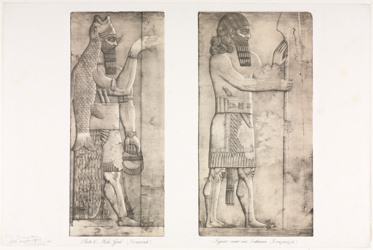 Monuments of Ninevah: Plate 6, Fish-god (Nimroud); Figure near an Entrance (Kouyunjik) by Austen Henry Layard