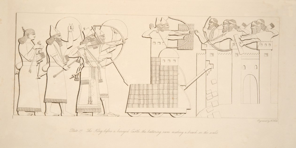 The King before a besieged Castle, the battering ram making a breach in the walls, from Monuments of Nineveh by Austen Henry Layard