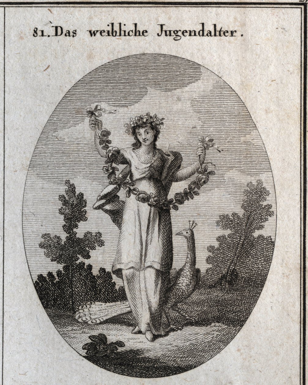 Allegory of adolescence (teenage girl) represented by a young woman with a crown and a garland of flowers to denote happy felicity. The peacock understands the love of adornment. His foot is placed on an hourglass. Engraving in 