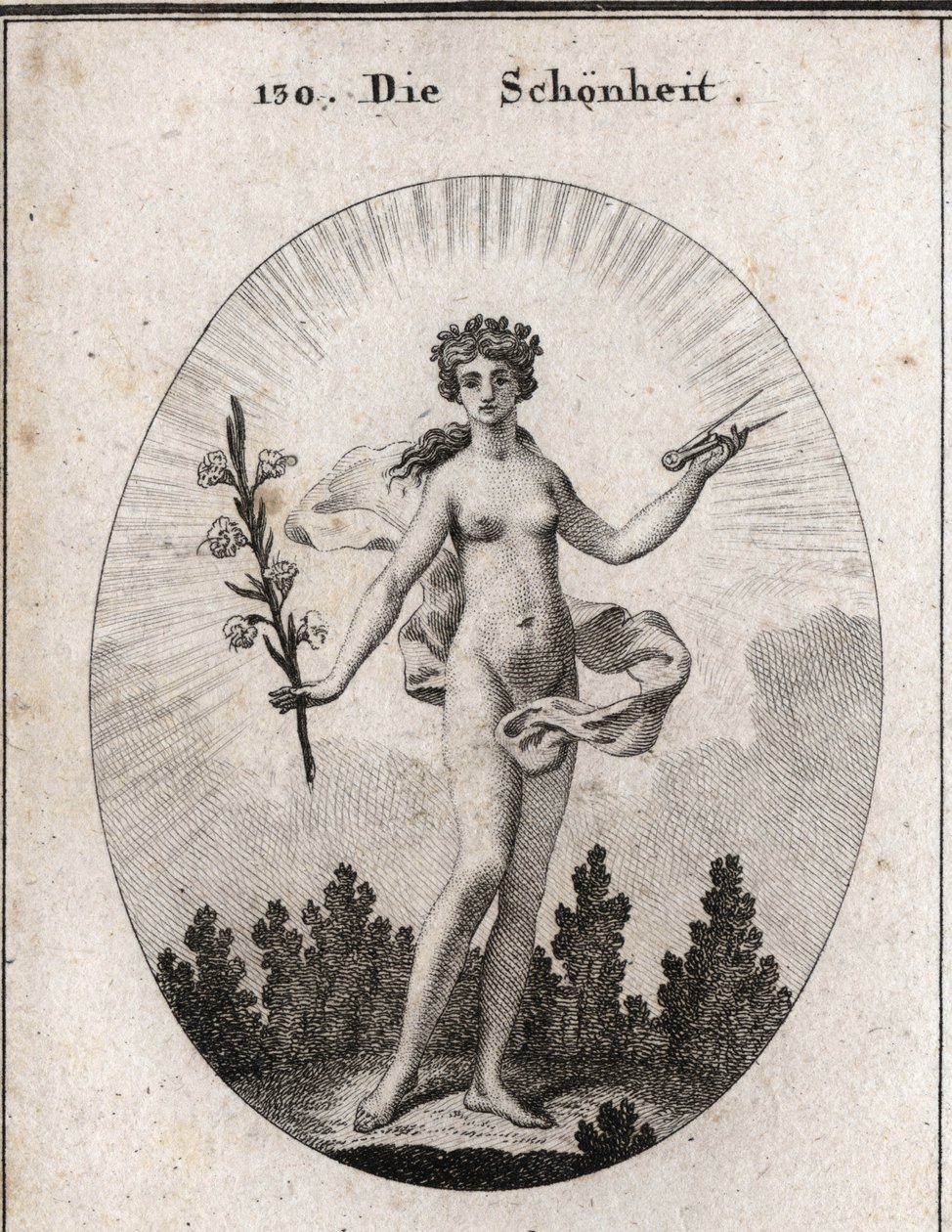 Allegory of beauty. The compass is the emblem of the accuracy of proportions. The lily is the symbol of beauty. Engraving in 