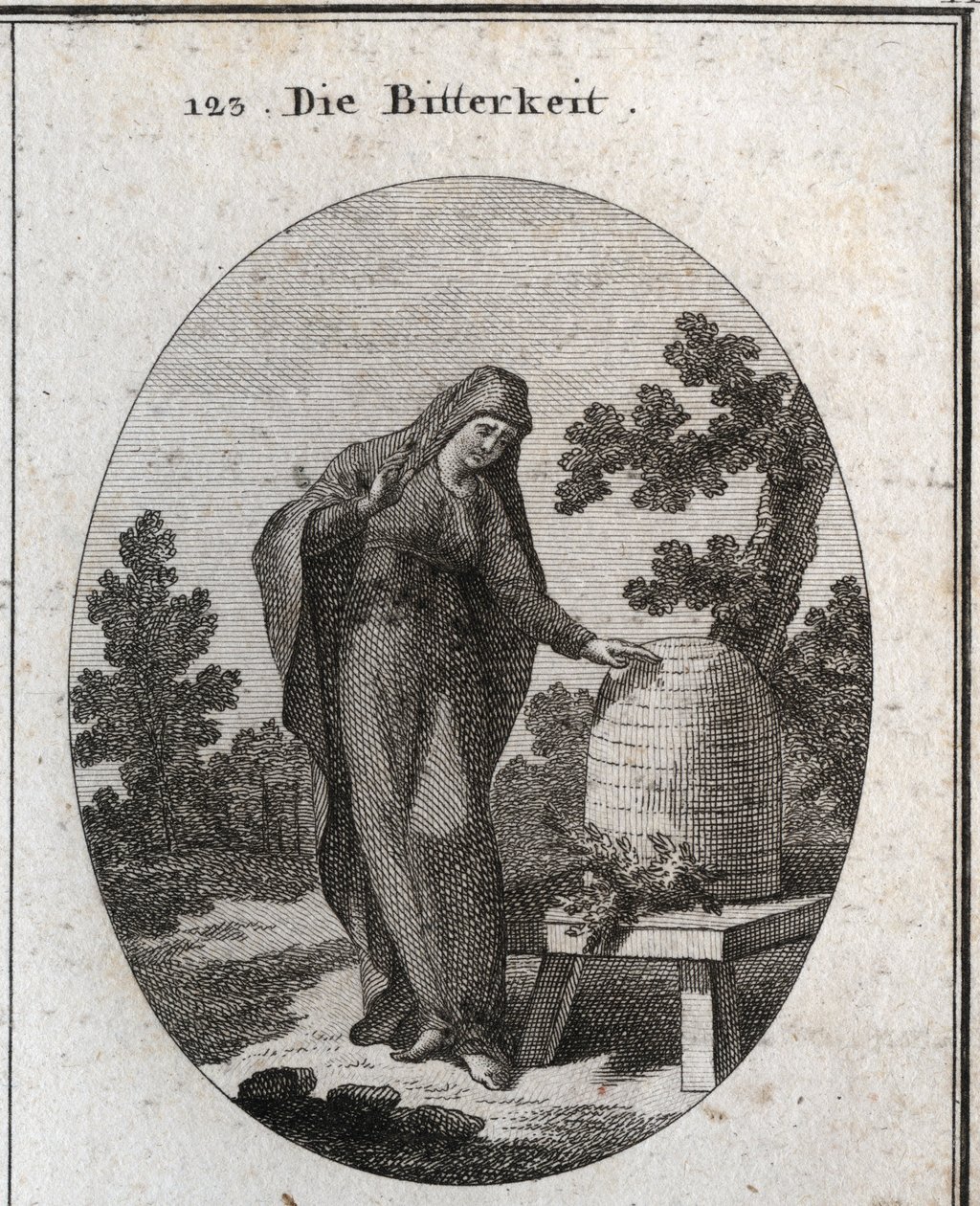 Allegory of bitterness. She looks sadly at an absinth plant that germinated in a honey hive. Engraving in 