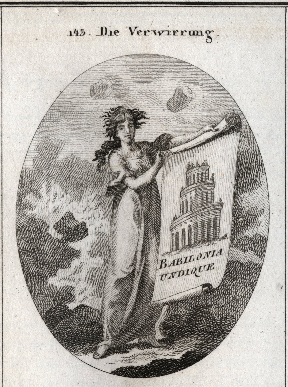 Allegory of confusion holding a drawing representing the Tower of Babel with the word 