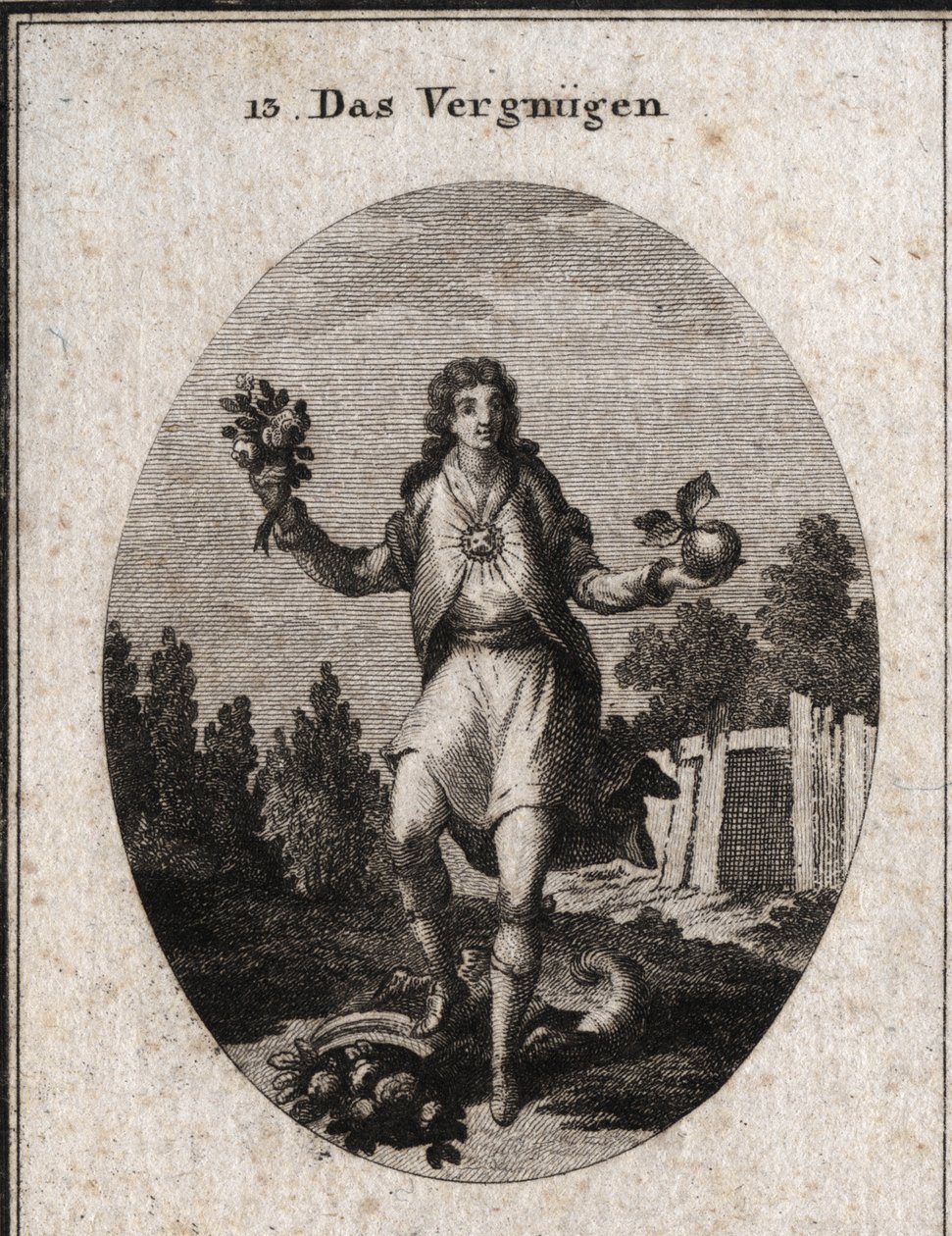 Allegory of Contentment represented by a young man holding a golden apple with one hand and a bouquet of flowers with the other. They show that everything that surrounds him participates in his joy, which is symbolized by the ruby radiating on his chest. I by Austrian School