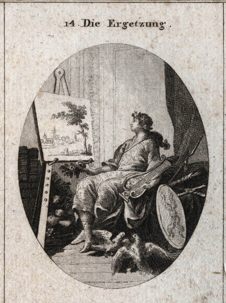 Allegory of delectation represented by a young man holding a lyre near a painting with fruits, books, weapons and two doves that caress each other, all symbolizing the charm of the senses. Engraving in 