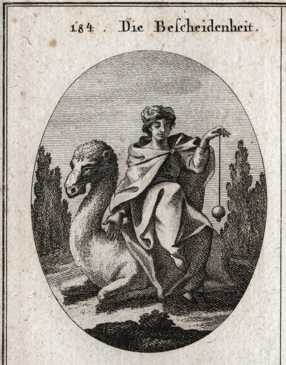 Allegory of Discretion. The Plumb She Holds Perpendicular is the Attribute of Correctness. She Sits on a Camel Kneeling to Facilitate Her Ride. Engraving in Iconologie oder Ideen aus dem Gebiete der Leidenschaften und Allegorien bildich dargestellt fur by Austrian School
