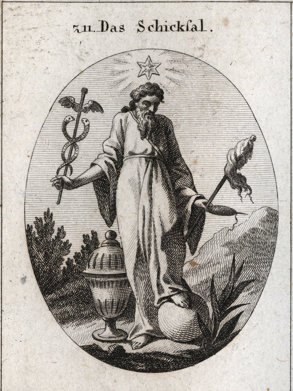 Allegory of fate. A star above it reflects reports of astrology on incidents of human life. He holds with one hand a deciduous symbol of his power and on the other a cattail symbol and a spindle whose broken thread indicates the fragility of life. The land by Austrian School