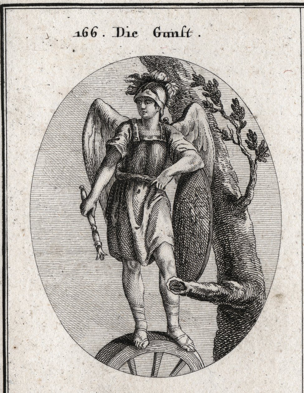 Allegory of Favor Derived from Virtue Symbolized by Armor and Wings, of Fortune Represented by the Wheel and the Hazard Represented by the Shield on Which Arion