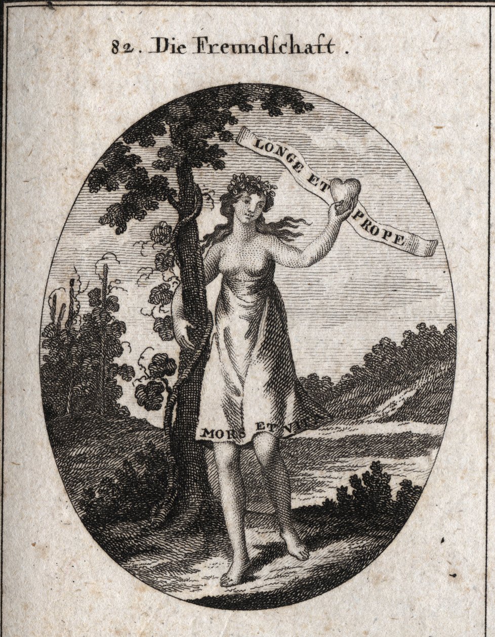 Allegory of friendship. Myrtle and pomegranate flowers on its crown are symbols of love and harmony. It shows a heart with this inscription: 