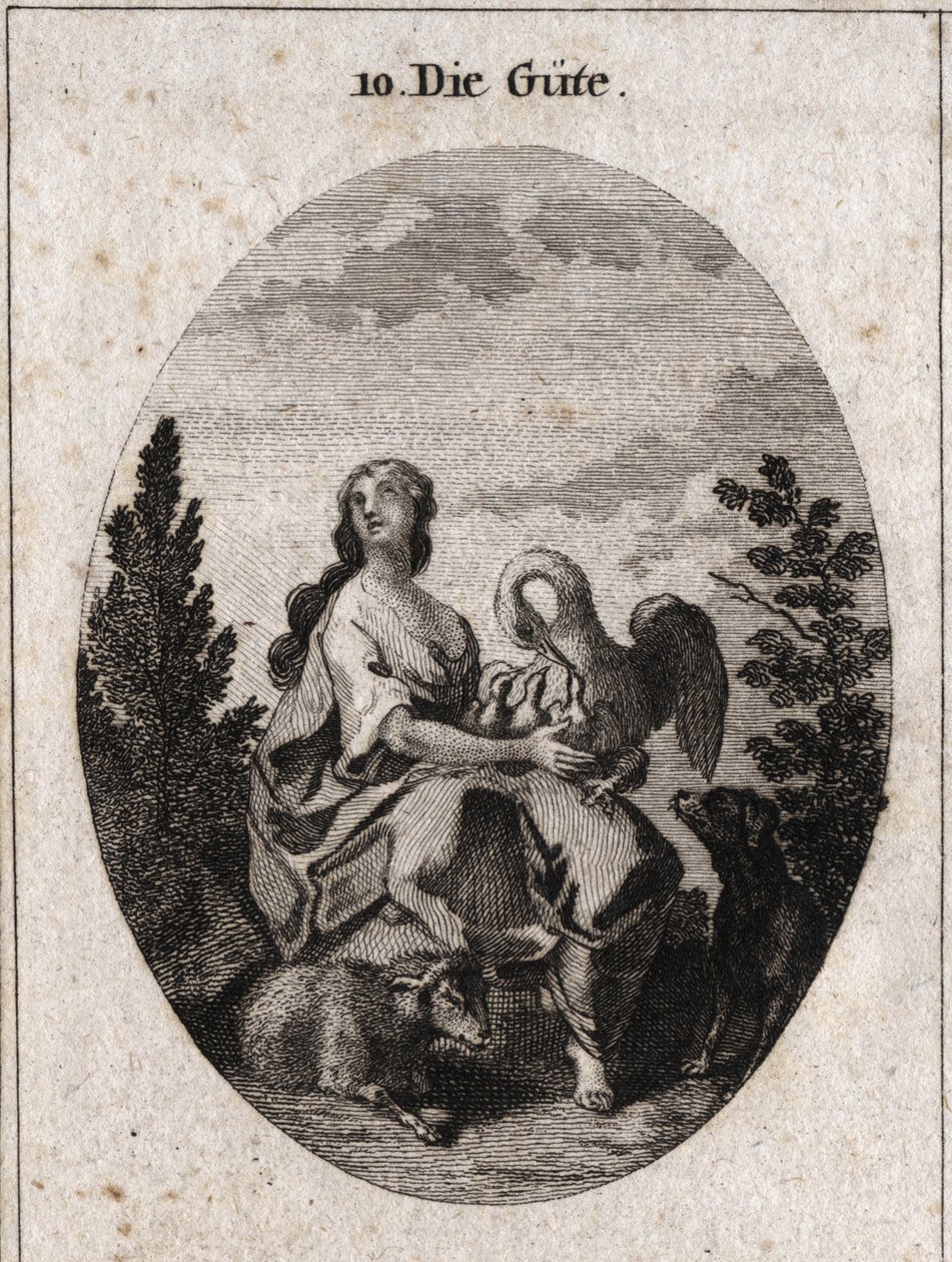 Allegory of Goodness Represented by a Noble and Abundant Beauty Looking at the Sky with Love. Pelican Symbolizes Charity, Dog Fidelity and Lamb, Sweetness. Engraving in 