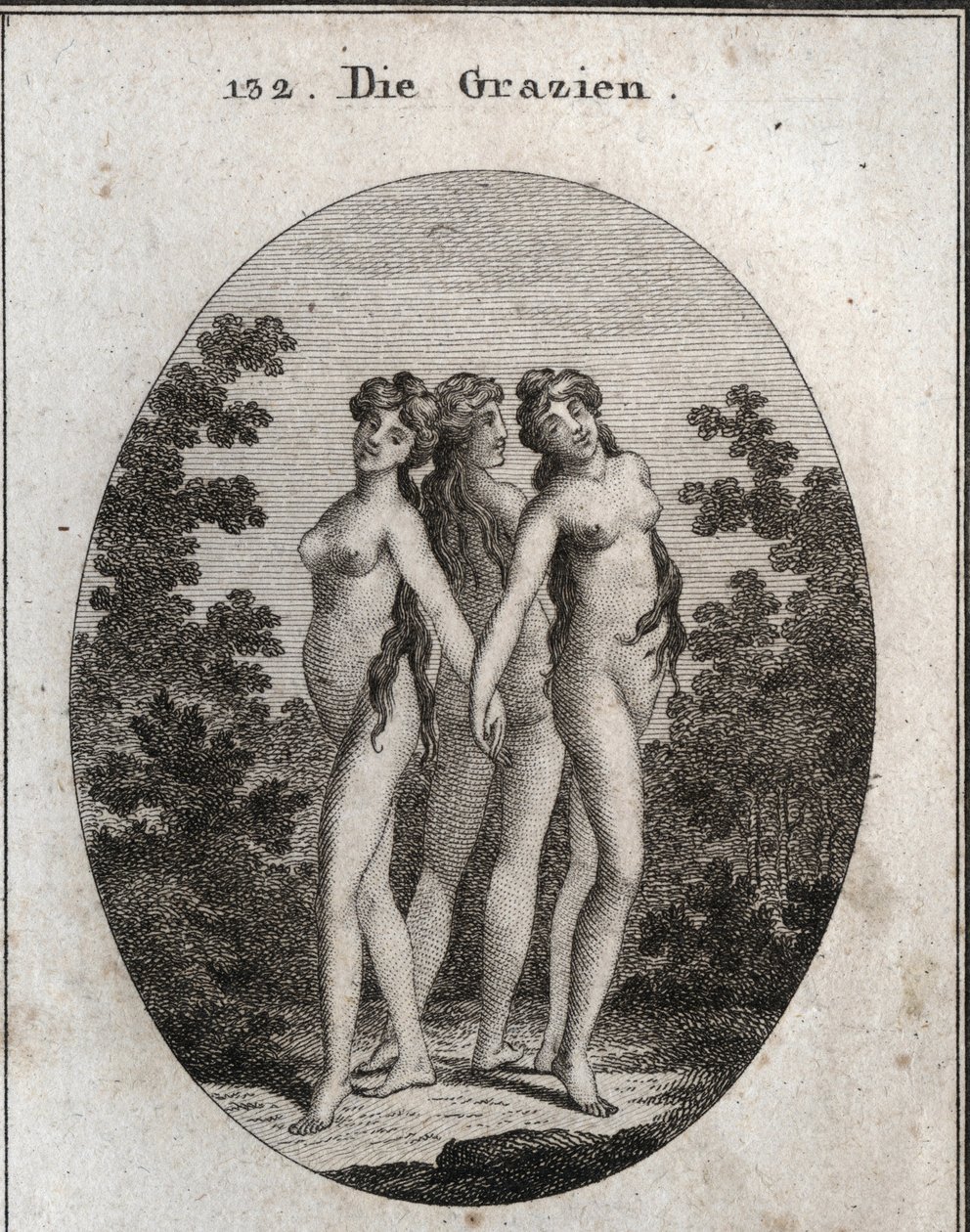 Allegory of Graces. The Three Graces: Euphrosine signifying joy and contentment, Aglaya symbolizing imposing beauty, and Thalia delight. Engraving in 