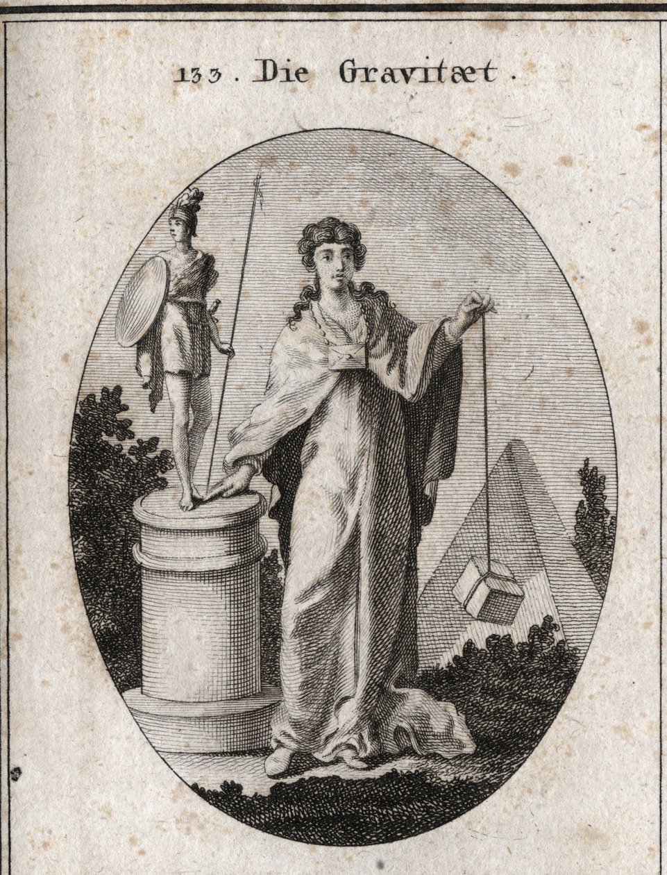 Allegory of Gravity. The Gold Chain to Which a Paper Is Attached Symbolizes Trust. The Column and Statue Mean the Conservation of Glorious Actions and the Stone Denotes the Weighting. Engraving in 
