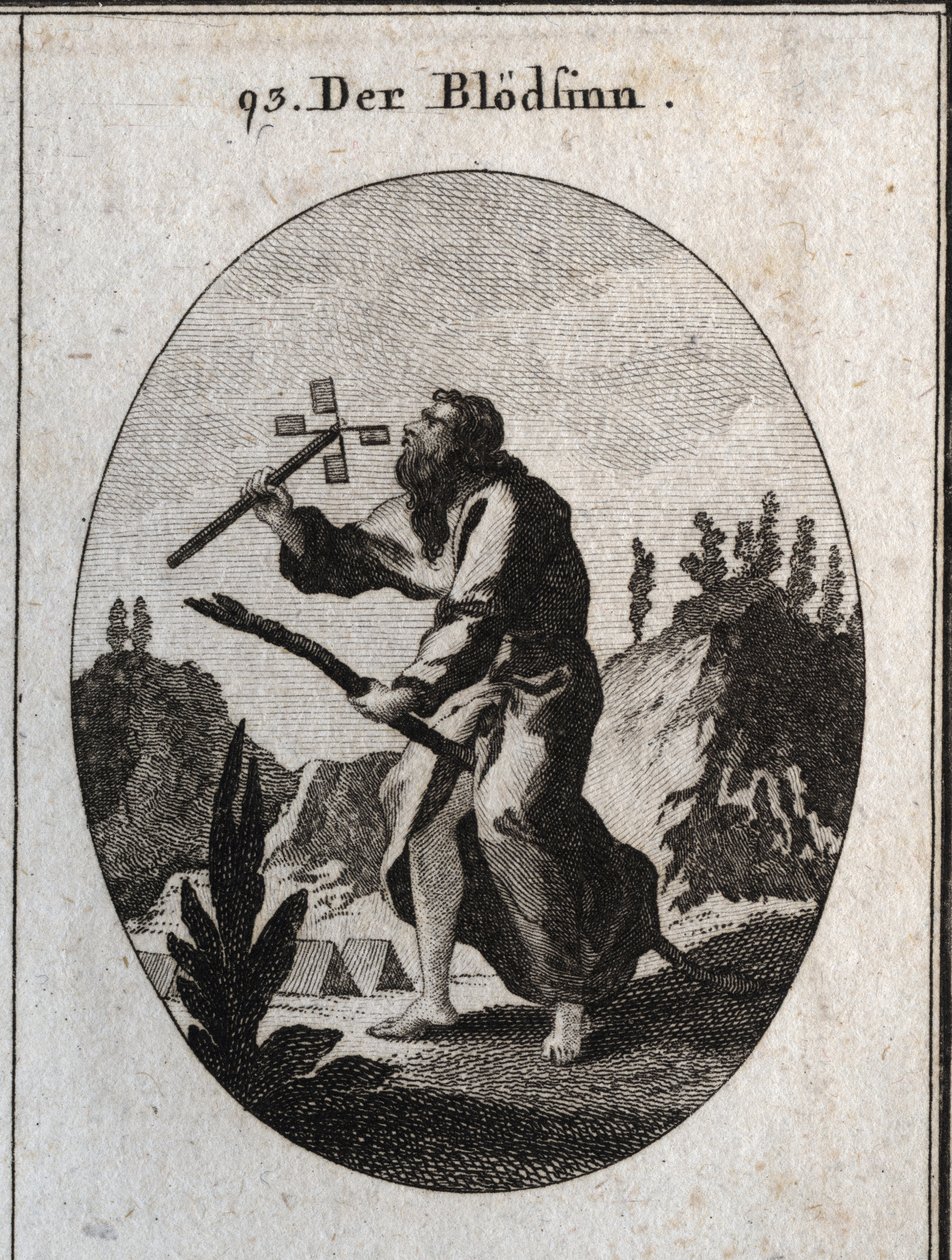 Allegory of imbecility or dementia represented by an old man on a reed, attribute of fragility and old age. He