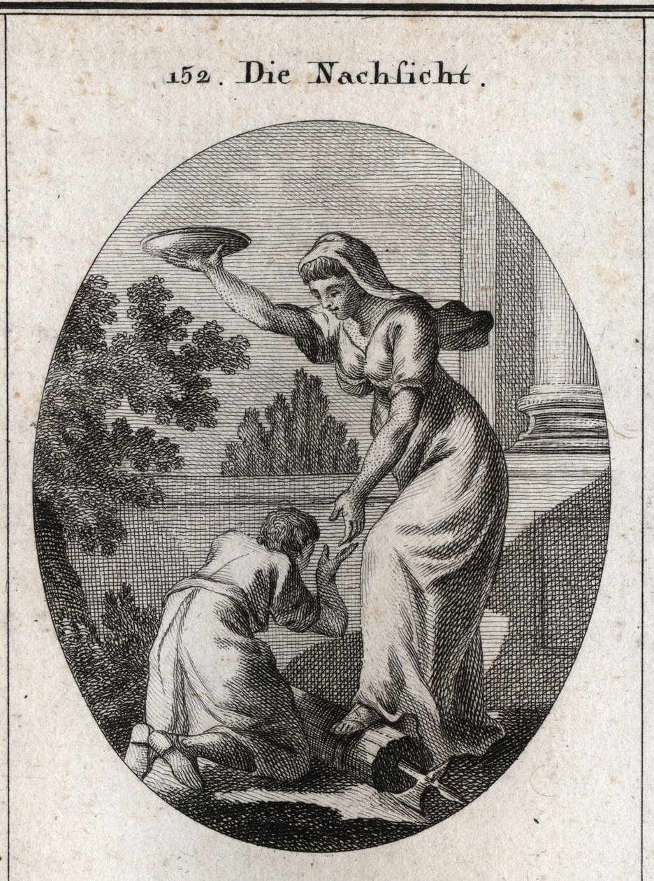 Allegory of indulgence. She trooped under her feet the bundles and the axe that the lictors carried among the Romans. She holds a raised coat and presents her hand to a slave prostrates her feet. Engraving in 