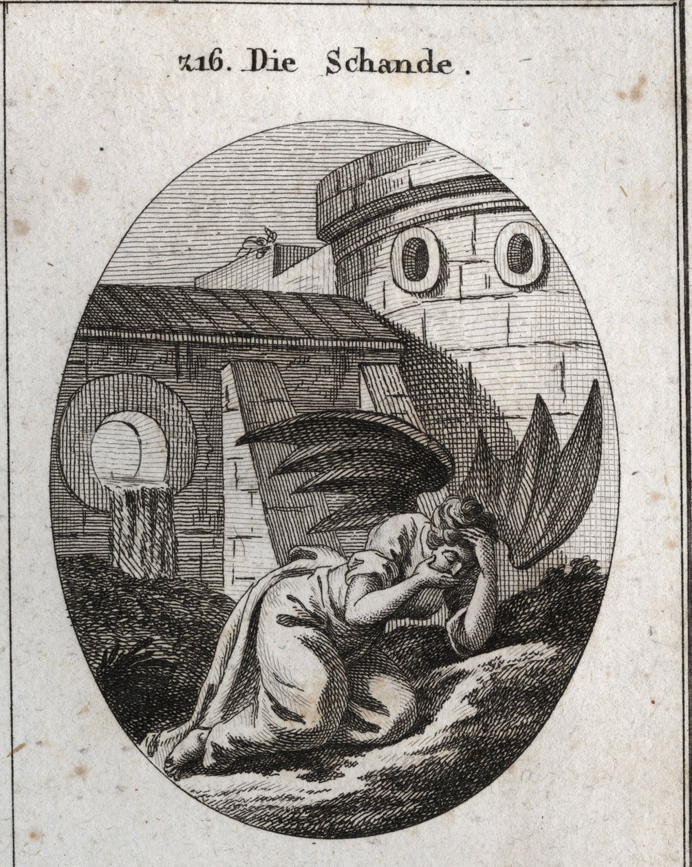 Allegory of Infamy Covering the Face with Hands and Its Attributes Are Two Large Black Wings of Bat. Engraving in 
