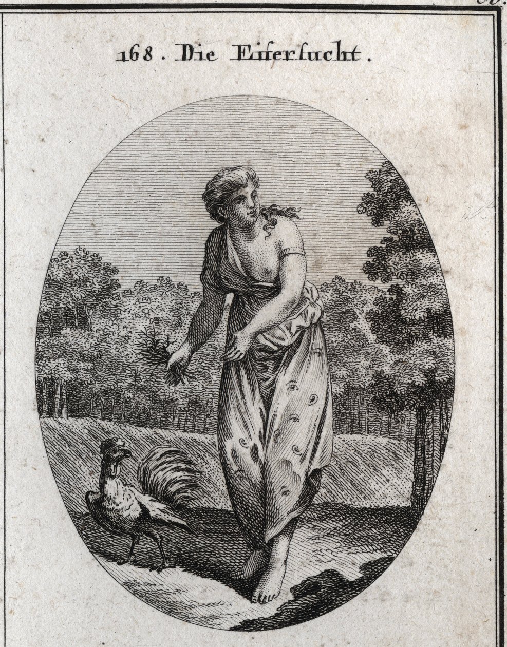 Allegory of jealousy stretching the ear on one side and watching what happens on the other. Her dress is dotted with eyes and ears and the bouquet of thorns she holds that her torment is voluntary. The rooster, jealous and vigilant, is her symbol. Engravin by Austrian School