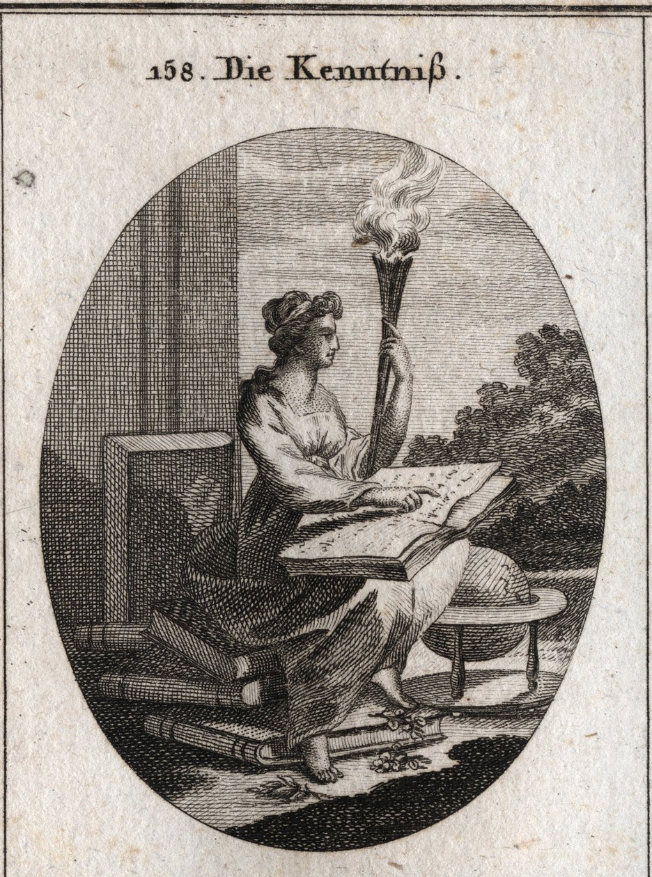 Allegory of knowledge based on various volumes of authors with a book open on their knees. The torch is allusive to the light it diffuses in souls. Engraving in 