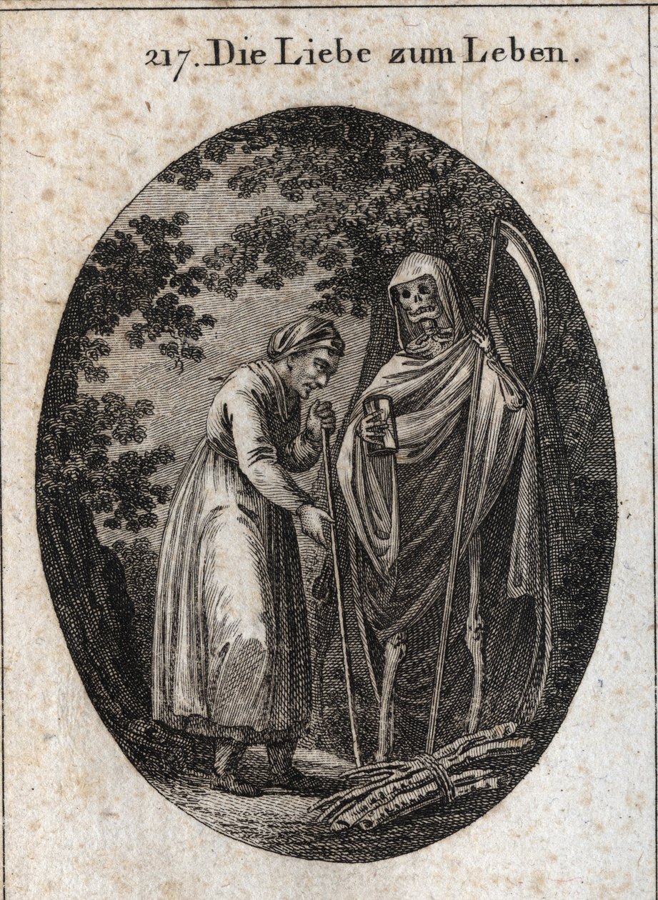 Allegory of Love for Life. An Old Woman Calls Death to Help Her Put Her Wooden Bunks on Her Head. Engraving in 