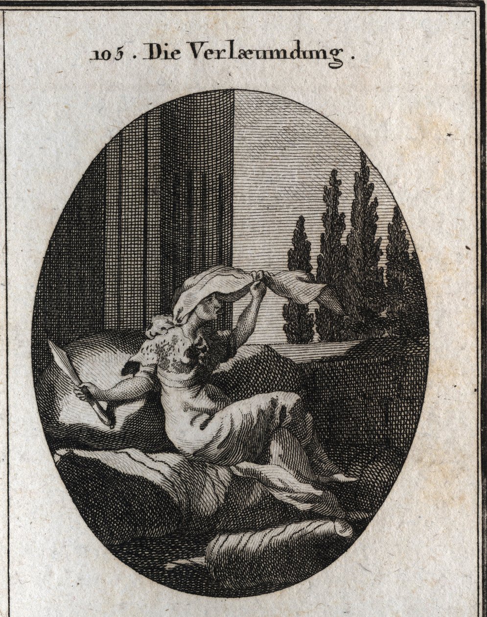 Allegory of slander represented by an idle and soft old woman sitting on cushions. The veil indicates that she is hiding, her tongue is forked and she holds a two-edged knife. Its small coat is made of hedgehog skin trimmed with iron tips. Engraving in 