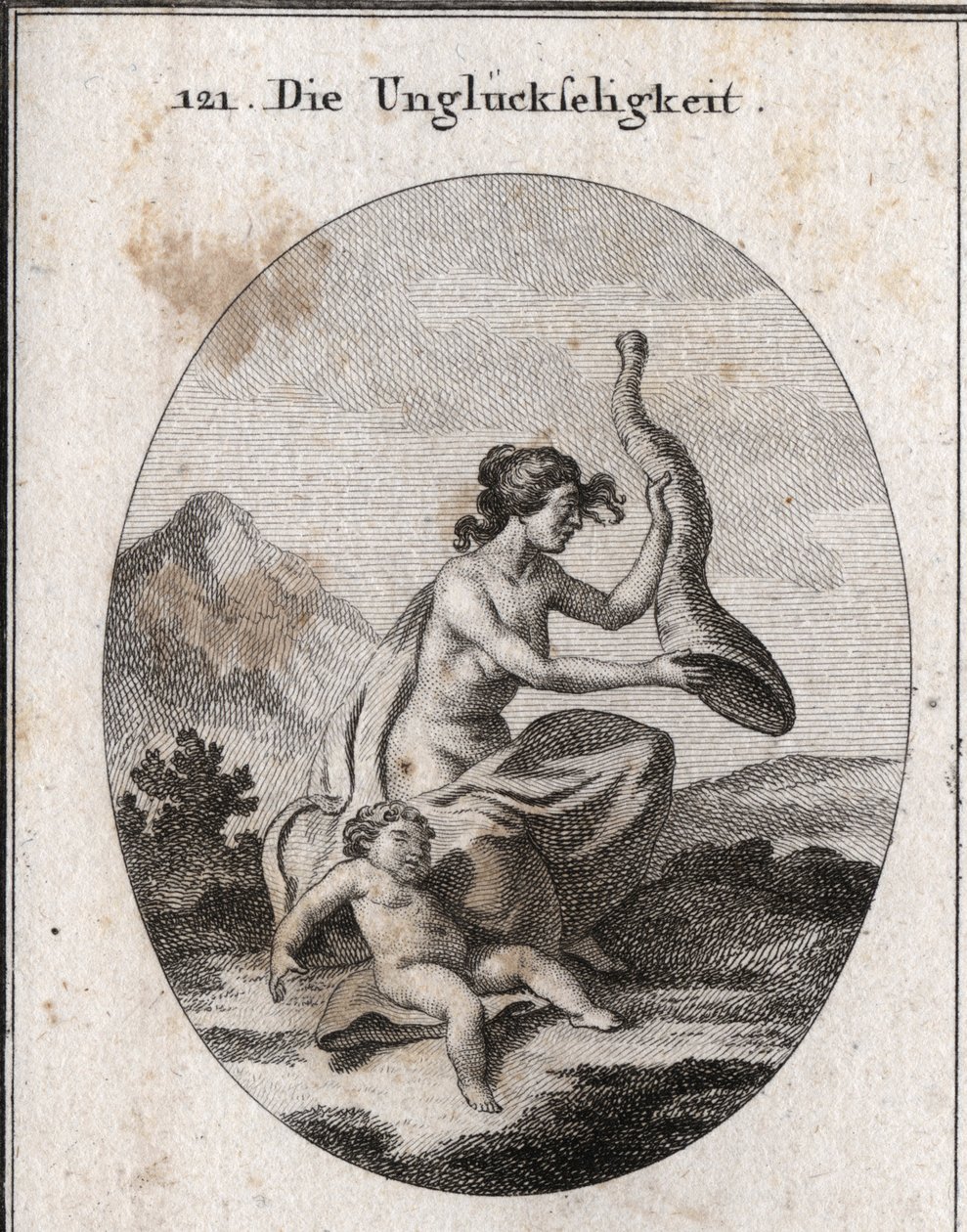 Allegory of misfortune represented meager and extensive. Her attributes are a horn of abundance which she shakes and is empty, and a child perishing with starvation. Engraving in 
