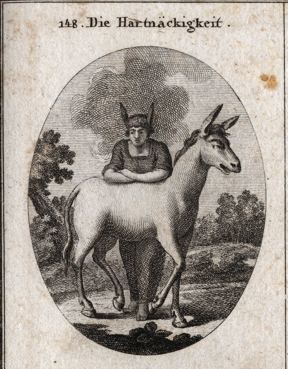 Allegory of obstinacy leaning on a mule. The donkey ears on his head are the emblem of ignorance and stubbornness. The steam around his head means his intelligence is dark. Engraving in 