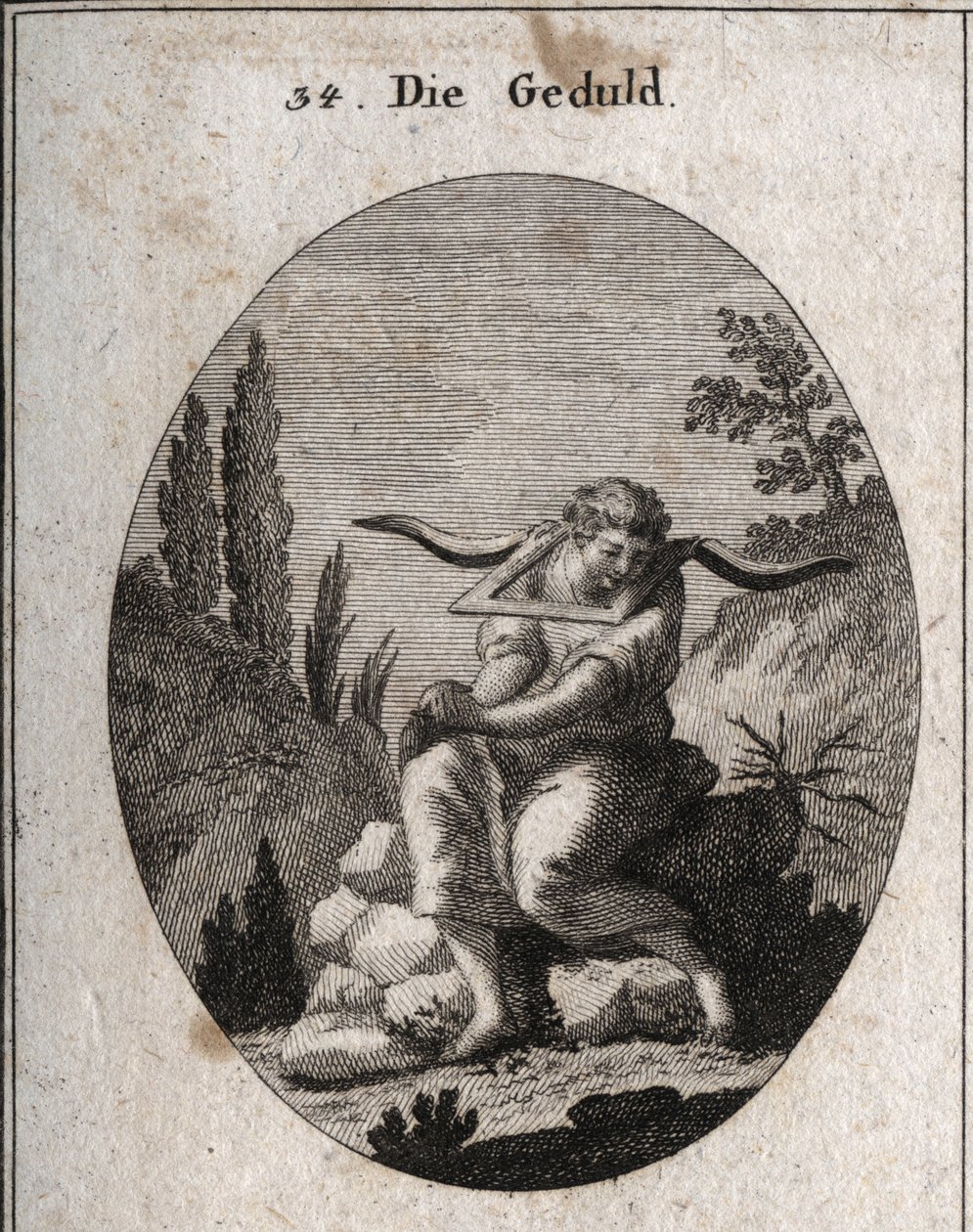 Allegory of patience sitting on pebbles, feet in thorns, hands joined and yoke on his shoulders. Engraving in 