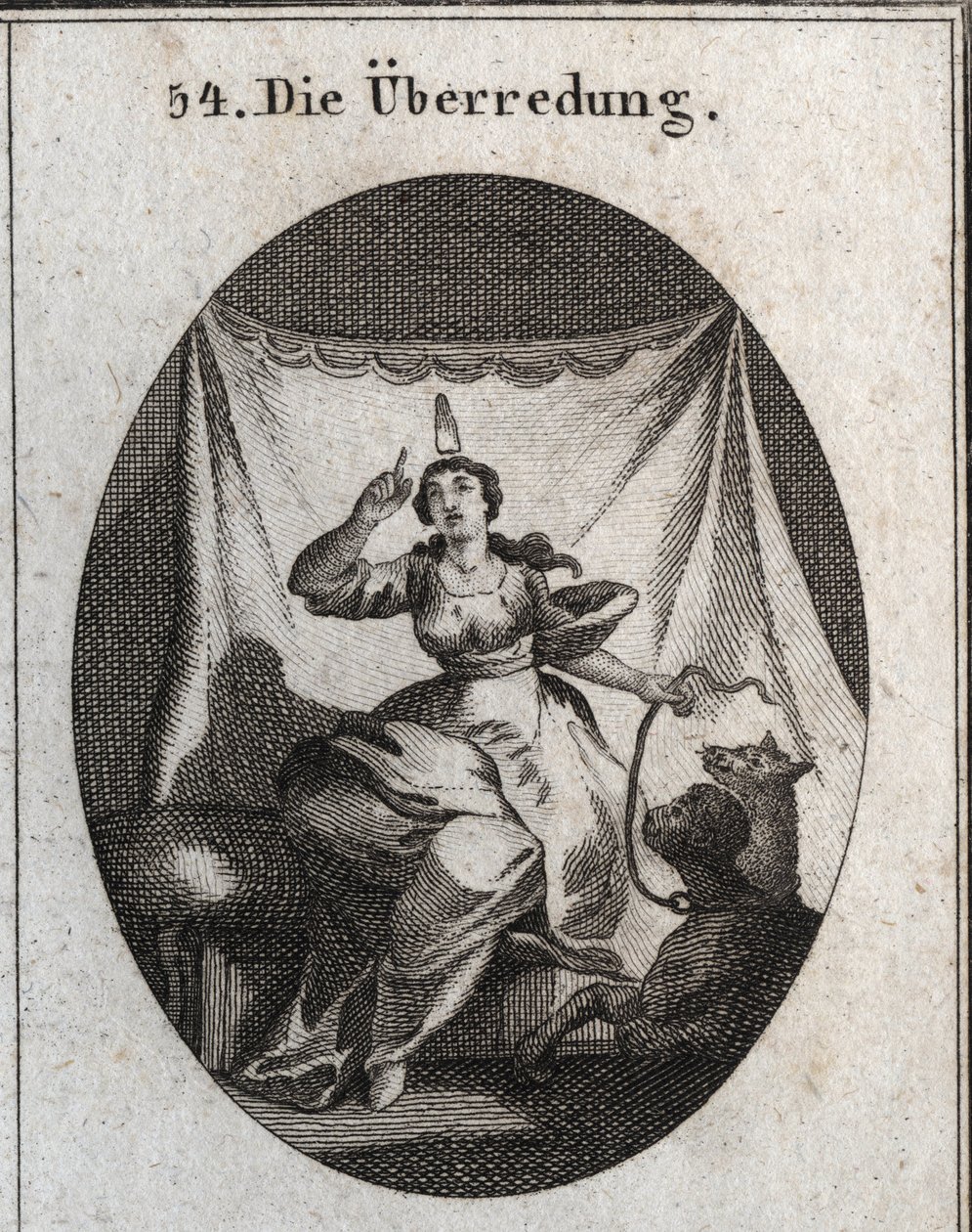 Allegory of Persuasion Represented with a Human Tongue on the Head. She Holds an Animal with Two Heads: a Dog, Emblem of the Insinuation by Docility and Caresses, and a Monkey for the Address to Suggest Sometimes Fraudulent Things. Engraving in 