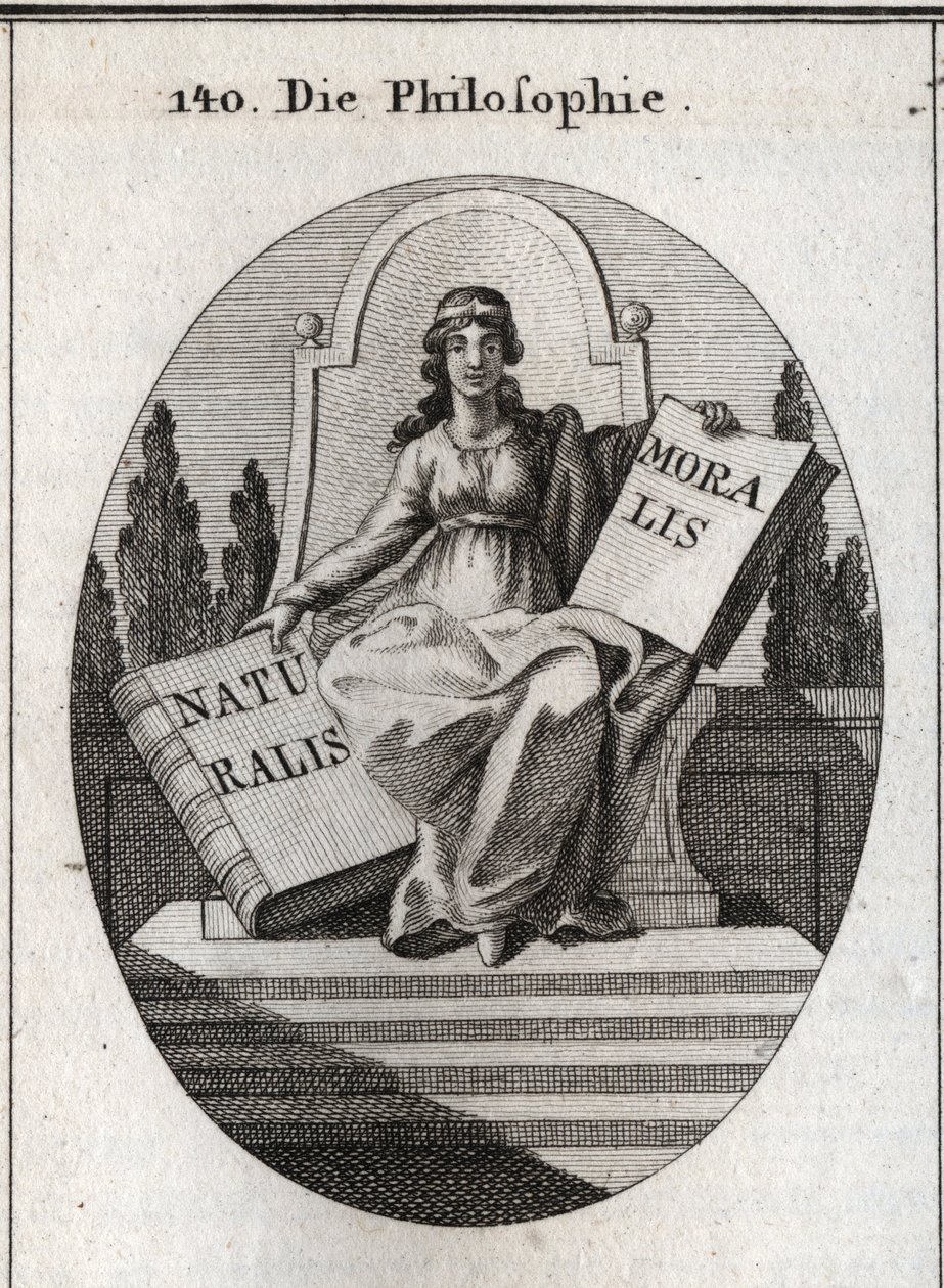 Allegory of philosophy sitting on a marble throne above several steps. She has a golden diadem on the forehead and holds two open books 