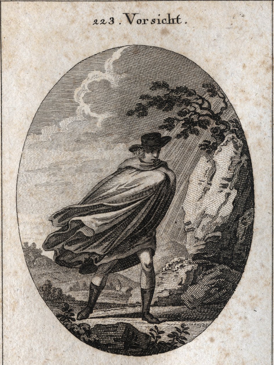 Allegory of providence. Expression: When the weather is nice, take your coat, when it rains, take it, if you want. Engraving in 