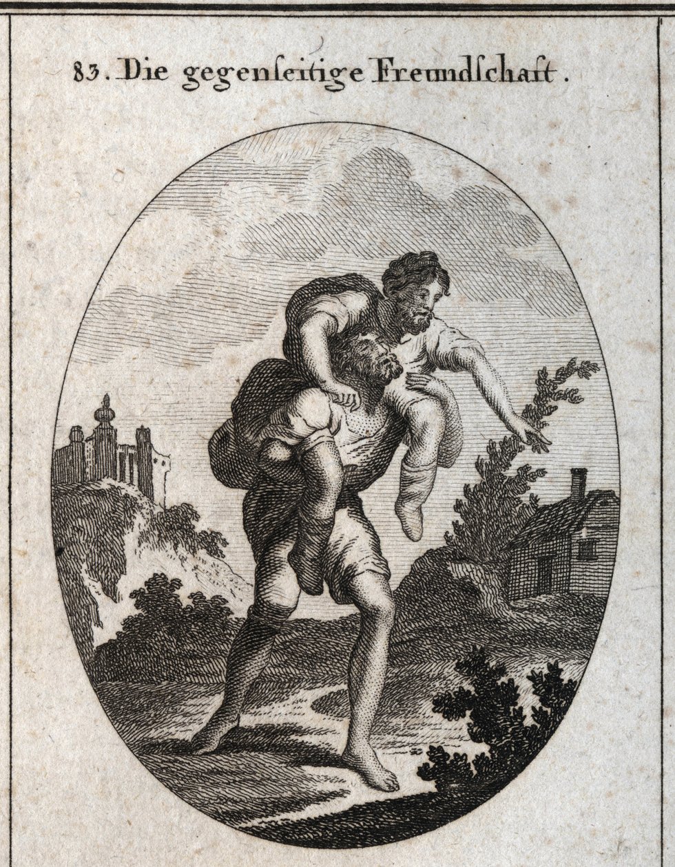 Allegory of Reciprocal Friendship. A Blind Man is Shown the Way by the Voice of a Mute Man on His Shoulders. Engraving in 