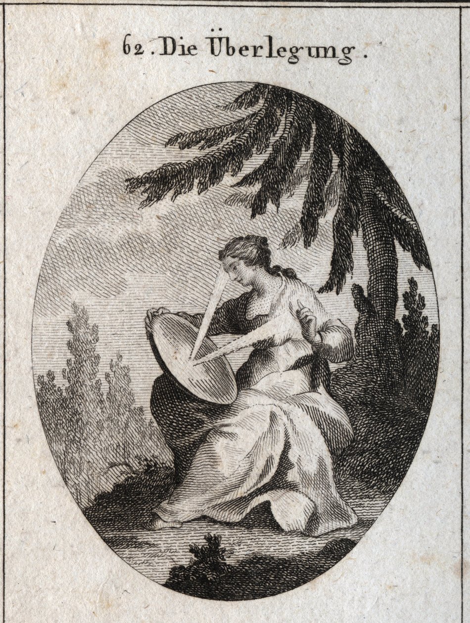 Allegory of Reflection. A ray of light starts from his heart strikes the mirror on his knees and reflects the light on his forehead. Engraving in 