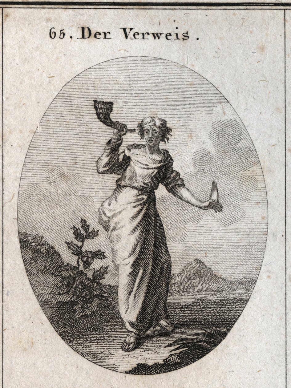 Allegory of Reprimand. She Learns to Sound a Book Connet That Emphasizes the Unsightly Sound of Reprehensive Words Manipulated with Caution, as Shown by the Human Language Held in the Other Hand. Engraving in 