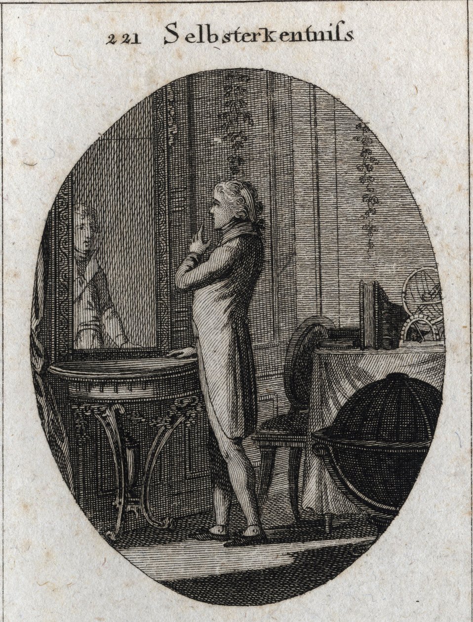 Allegory of self-knowledge. A young man faces a mirror. Engraving in 