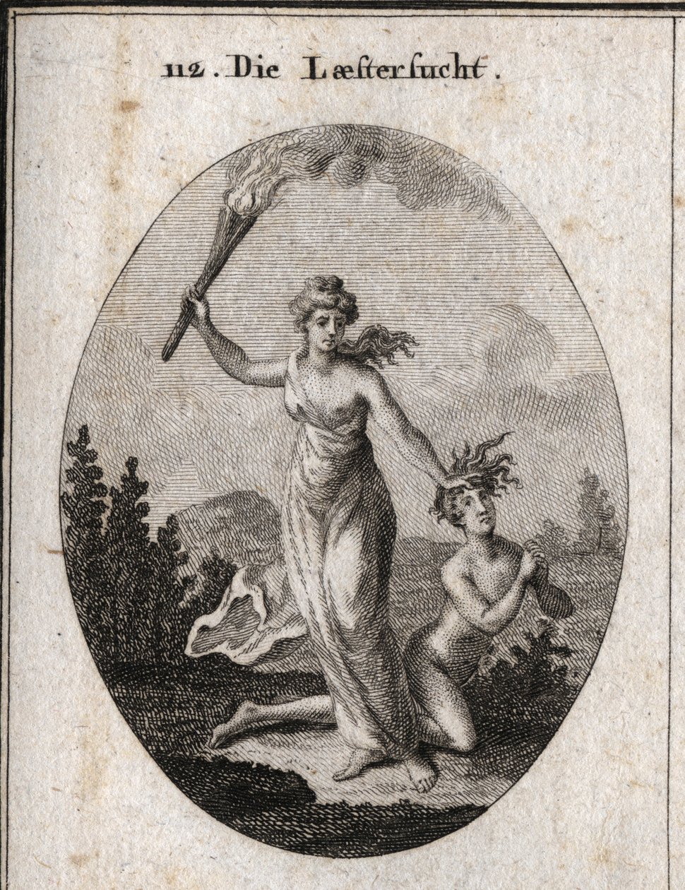 Allegory of Slander Holding a Torch and Ruthlessly Dragging a Naked Teen Who Joins Hands and Looks at the Sky. Engraving in 