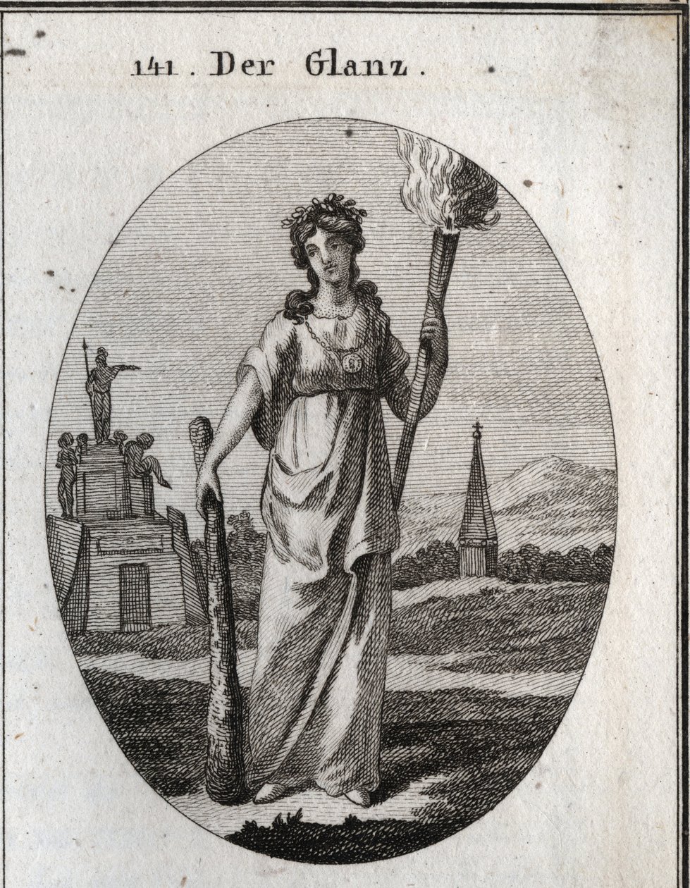Allegory of splendor. The club on which she relies is the symbol of virtues. The chain and the gold medal are the reward. The light torch is light to beautiful deeds. Engraving in 