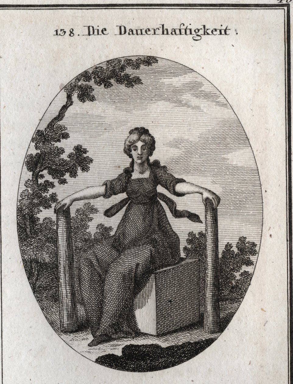 Allegory of stability sitting on a marble cube with two piles plumb plants in the earth. Engraving in 