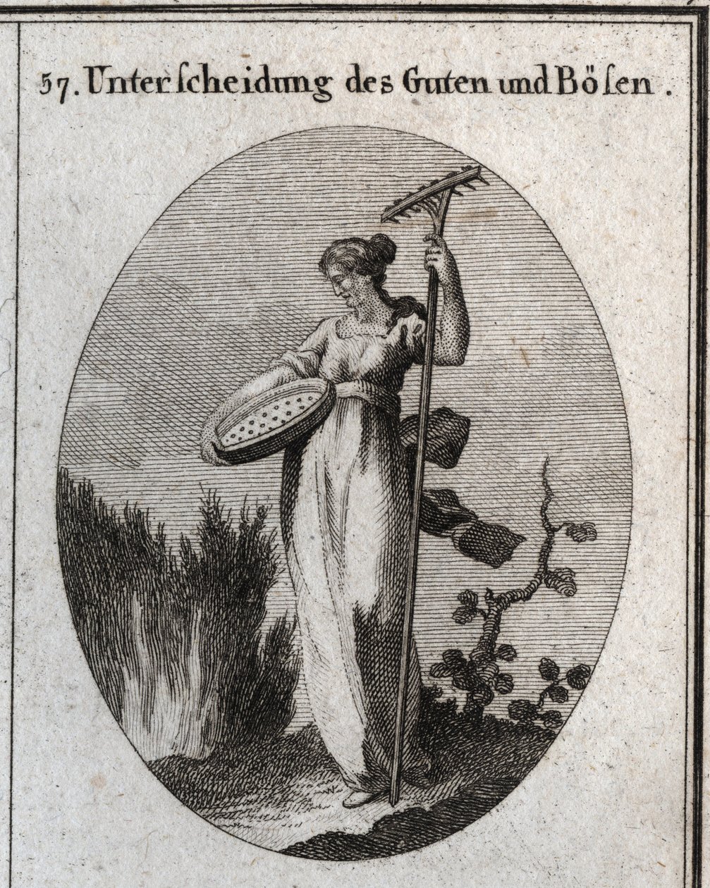 Allegory of the distinction between good and bad. The sieve separates the good grain from the chaff and the rake is used to remove weeds. Engraving in 