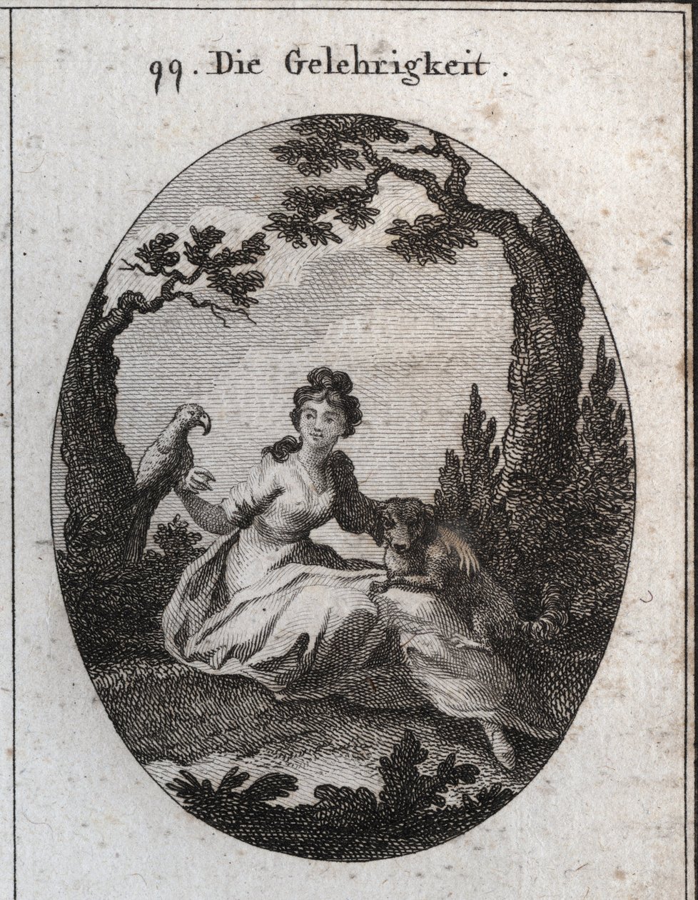Allegory of docility. His attributes are the parakeet and the little dog because of their obedience and desire to please. Engraving in 