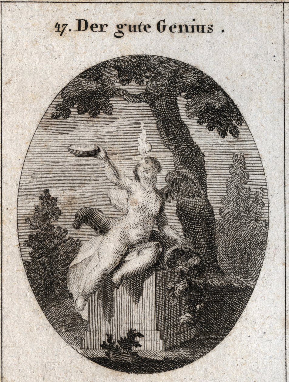 Allegory of the Favorable Genius under the figure of a child with wings and a small flame on his head, sitting on an altar in the shade of a plane tree. The horn of abundance means that it fills men with his favours. The father is a symbol of religious fee by Austrian School