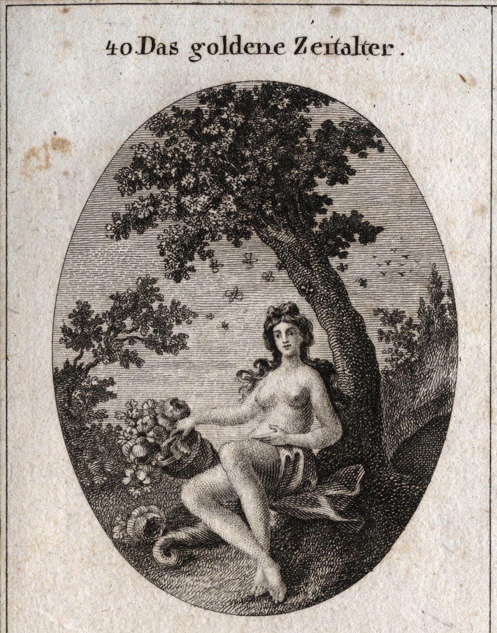 Allegory of the golden age represents with a horn of abundance of fruit, sitting beside an olive tree symbol of peace in the midst of which is a swarm of bees. Engraving in 
