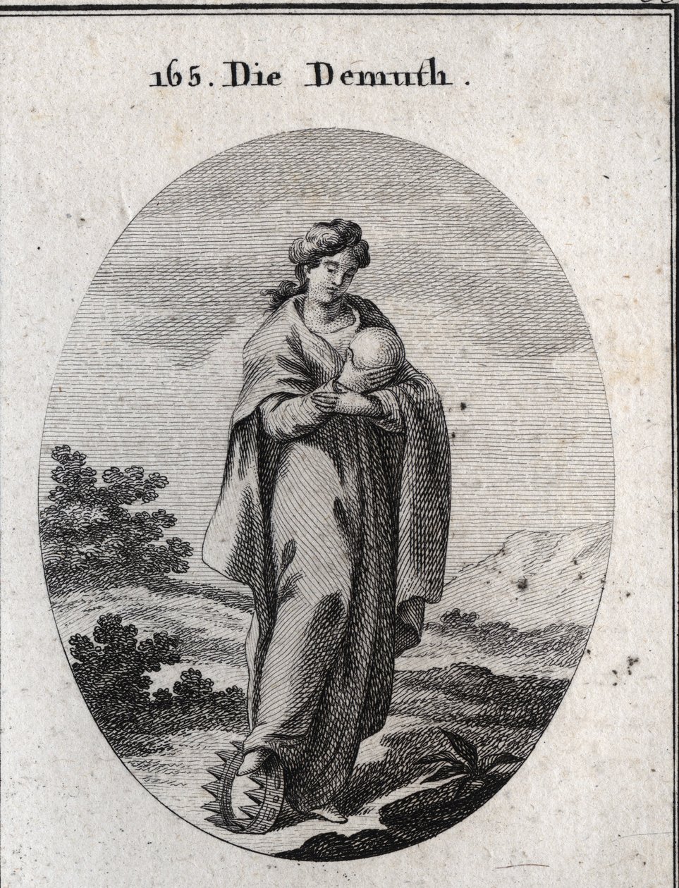 Allegory of humility. Under his foot, a crown of gold enriched with precious stones. She disdainfully considers a ball representing the earth of which she misses the grandeur. Engraving in “Iconologie oder Ideen aus dem Gebiete der Leidenschaften und Alleg by Austrian School
