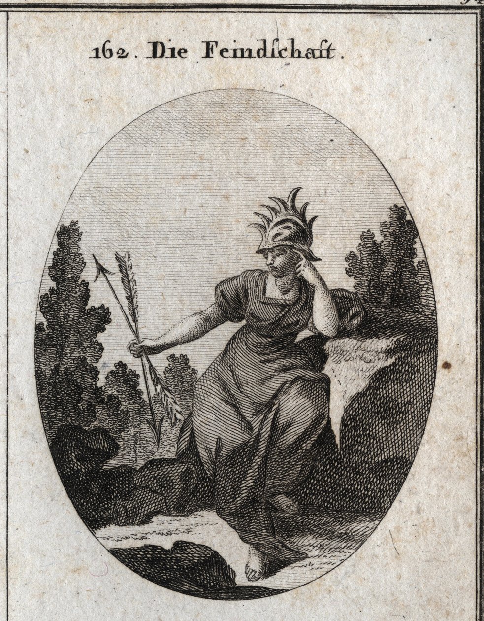 Allegory of enmity with a helmet trimmed with iron tips. Her dress is strewn with flames. The two arrows she holds to the opposite are synonymous with contradiction. Engraving in 