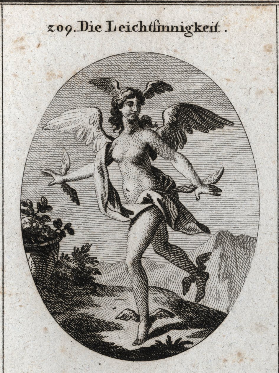 Allegory of the light. She has wings on her head, shoulders, feet and hands. Engraving in 