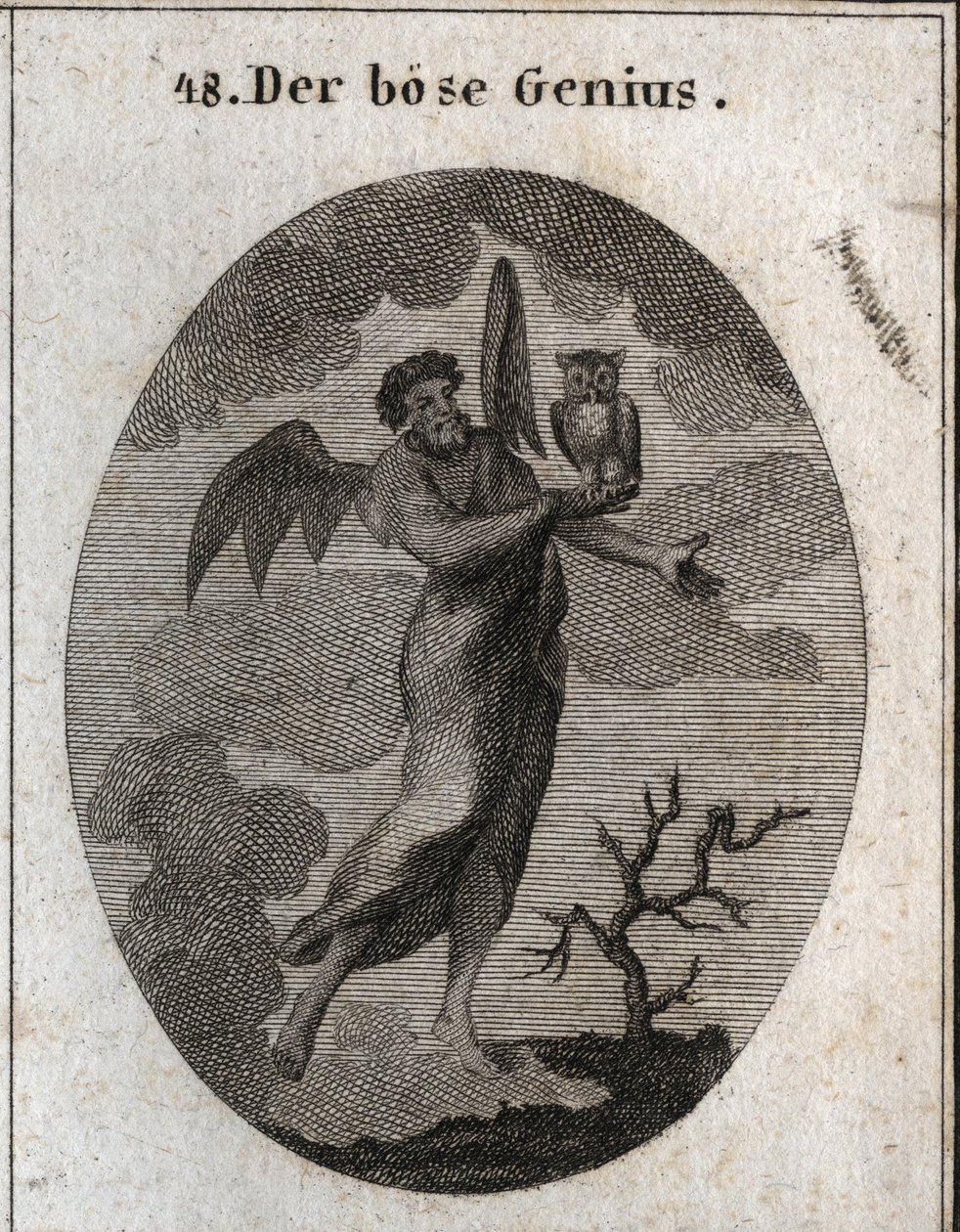 Allegory of the opposite genie represented by a bad genie with bat wings and holding an owl, bird of bad omen. Engraving in 