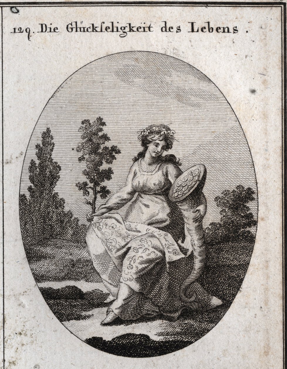 Allegory of the prosperity of life. richly clothed and crowned with grapes and attributes of wealth and abundance. The oak branch filled with leaves and fruit means health but also solidity and incorruptibility. Engraving in 